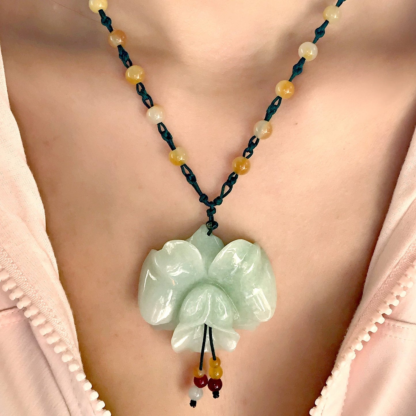 Designer Flower Necklace for Her Uniqueness Jade Flower Pendant for Women Wedding Anniversary