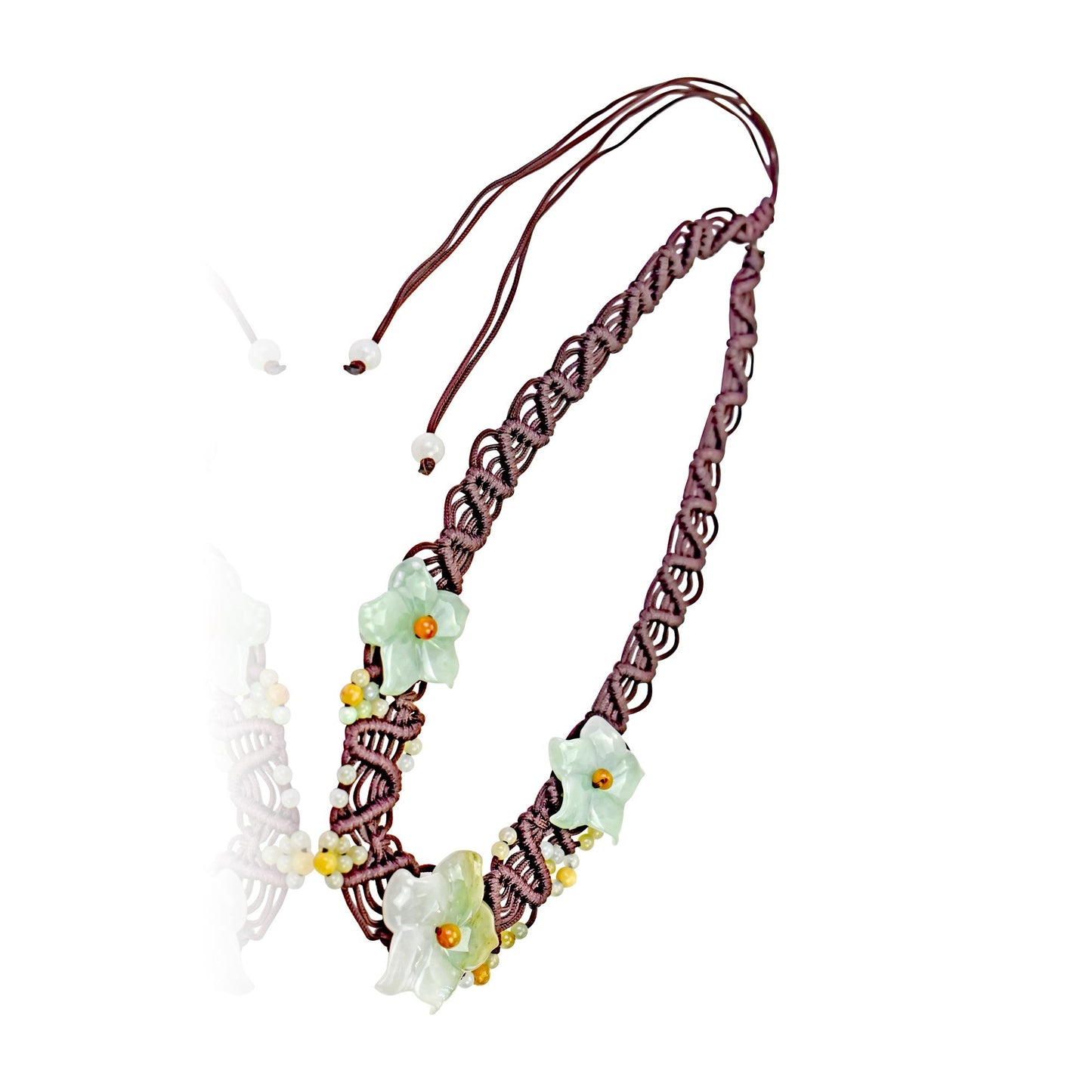 Floral choker necklace featuring columbine flower white and jade a meaningful gift of love and harmony for Valentine's Day