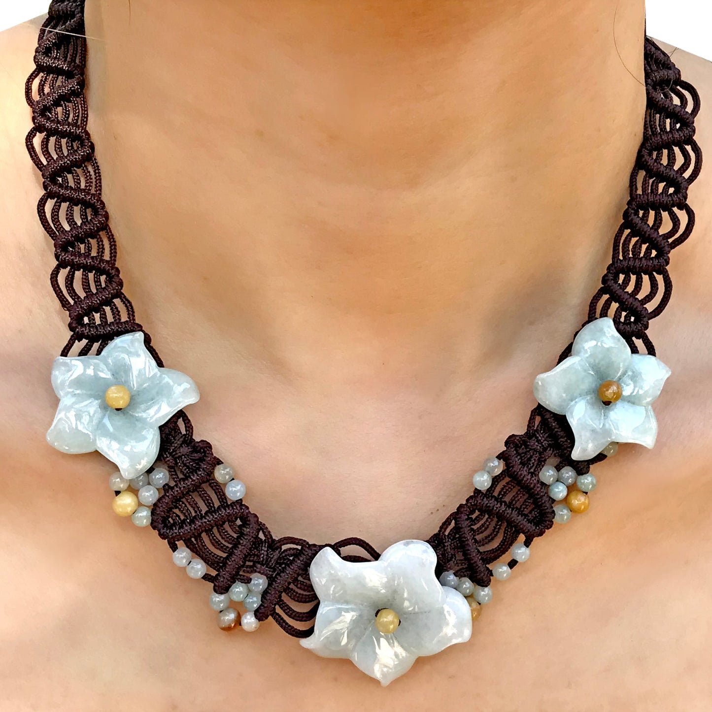 Handmade columbine flower white jade necklace a meaningful birthday gift promoting good luck and harmony