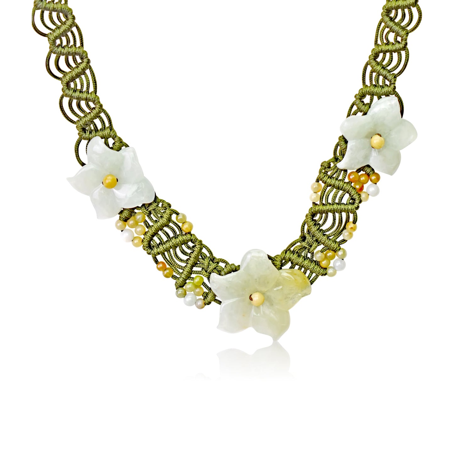 Handmade floral choker necklace featuring columbine flower white and jade a gift to celebrate life’s precious moments with luck and joy