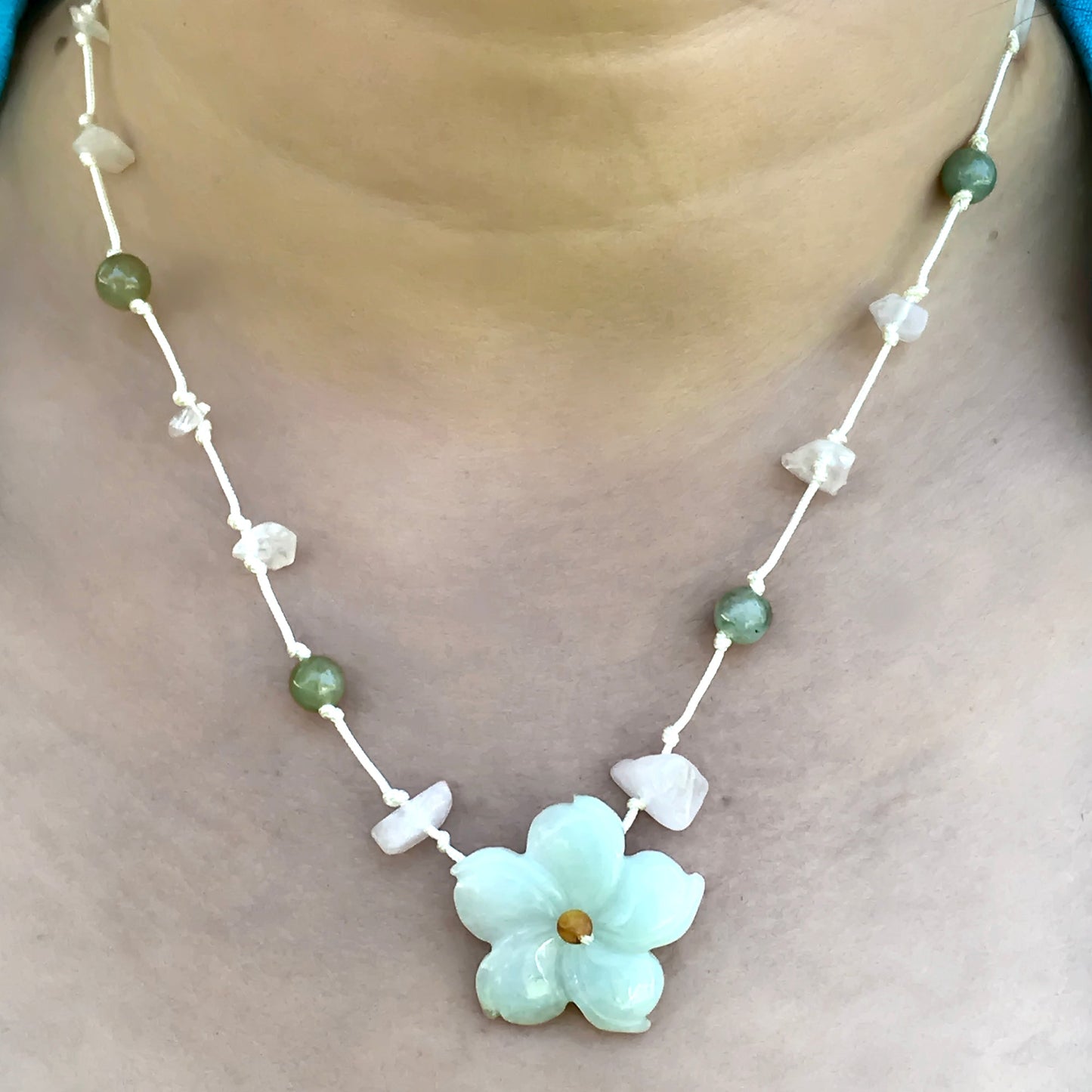 Jade and pink floral necklace with wild columbine a perfect birthday gift for luck and serenity