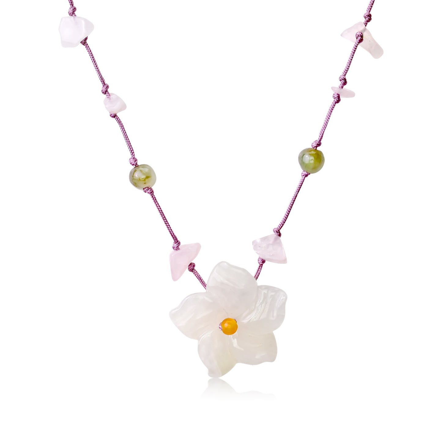 Pink floral necklace featuring wild columbine and jade a meaningful gift of love and harmony for Valentine's Day