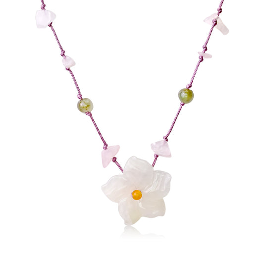 Pink floral necklace featuring wild columbine and jade a meaningful gift of love and harmony for Valentine's Day