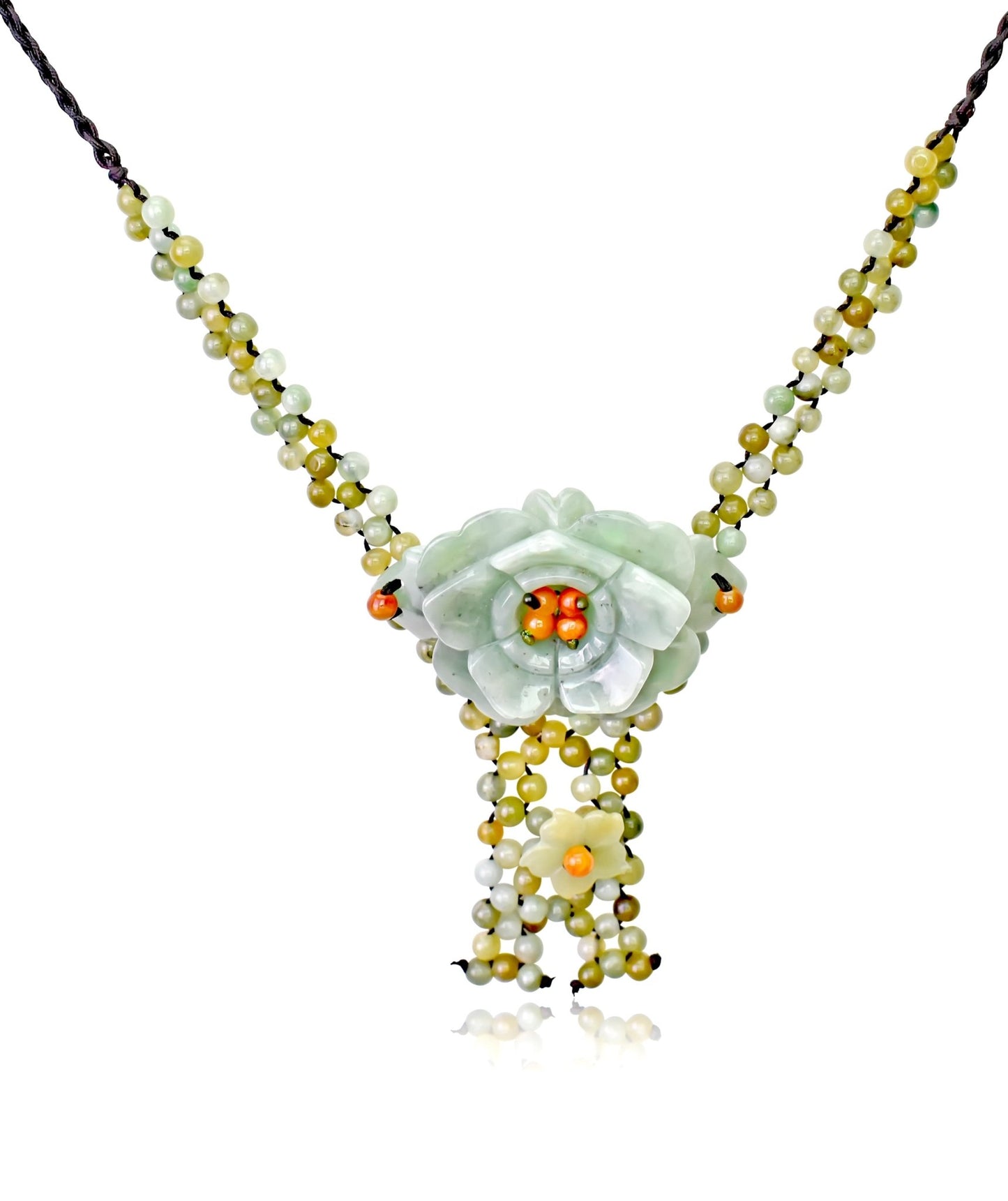 Rose bead necklace with floral charm for a Valentine’s Day surprise