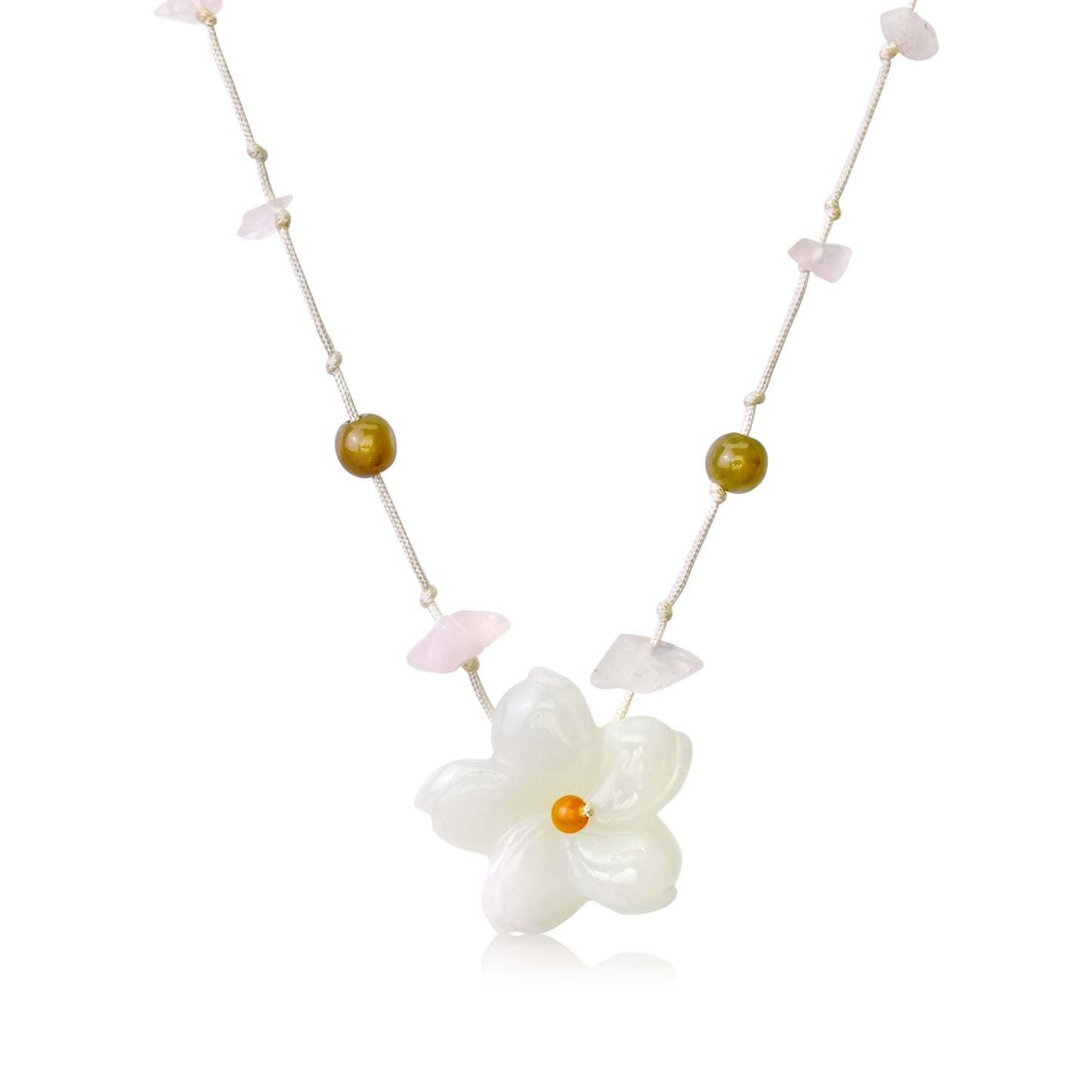 Unique pink floral necklace with jade and wild columbine a thoughtful anniversary gift for love