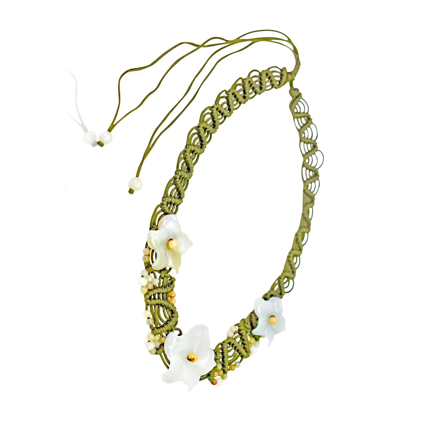 Vintage jade necklace featuring columbine flower white and jade a meaningful gift of love and harmony for Valentine's Day