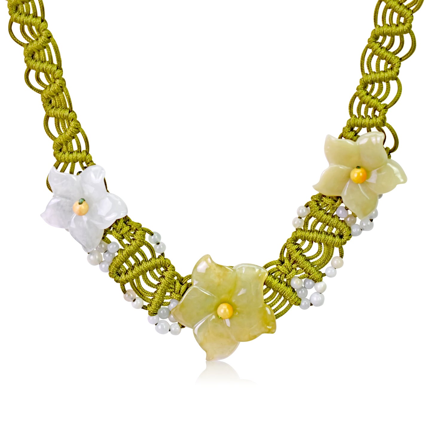 Vintage jade necklace with columbine flower white design to bring harmony and timeless beauty to special occasions