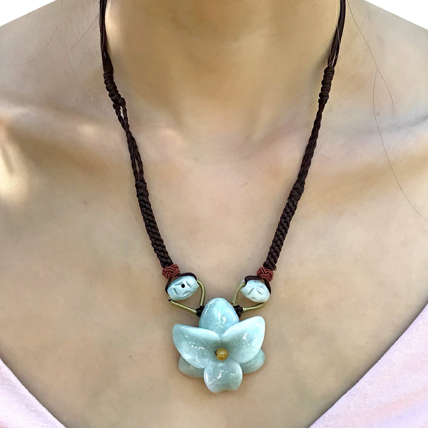 Yellow amaryllis pendant jade necklace handcrafted for Mother's Day gift filled with good luck and love