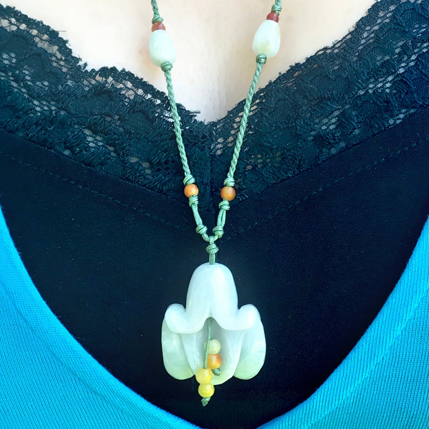 Bellflower Handmade Jade Necklace Pendant - Yellow and Orange Beads with Shot TasselsNecklacesSerenity Jade