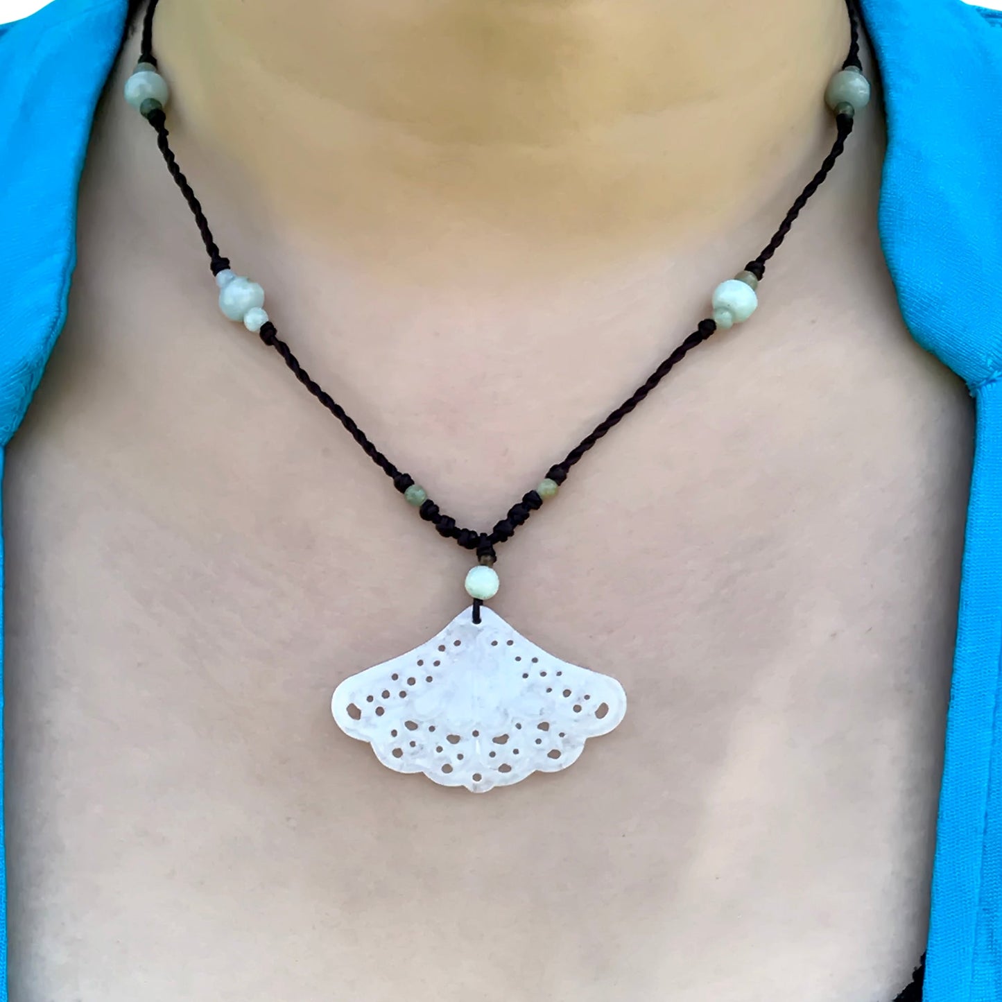 Intricately Carved Fan Jade Necklace with Gemstones and Colorful BeadsNecklacesSerenity Jade