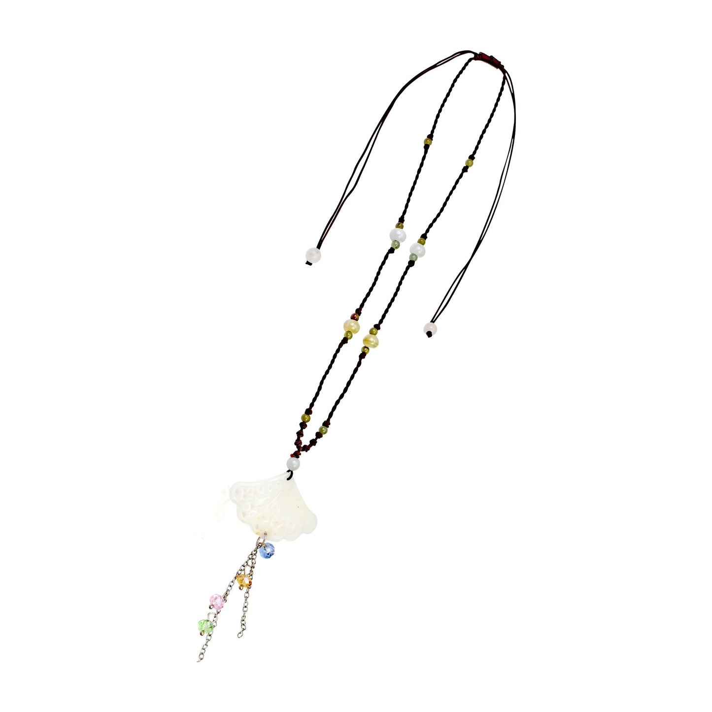 Intricately Carved Fan Jade Necklace with Gemstones and Colorful BeadsNecklacesSerenity Jade