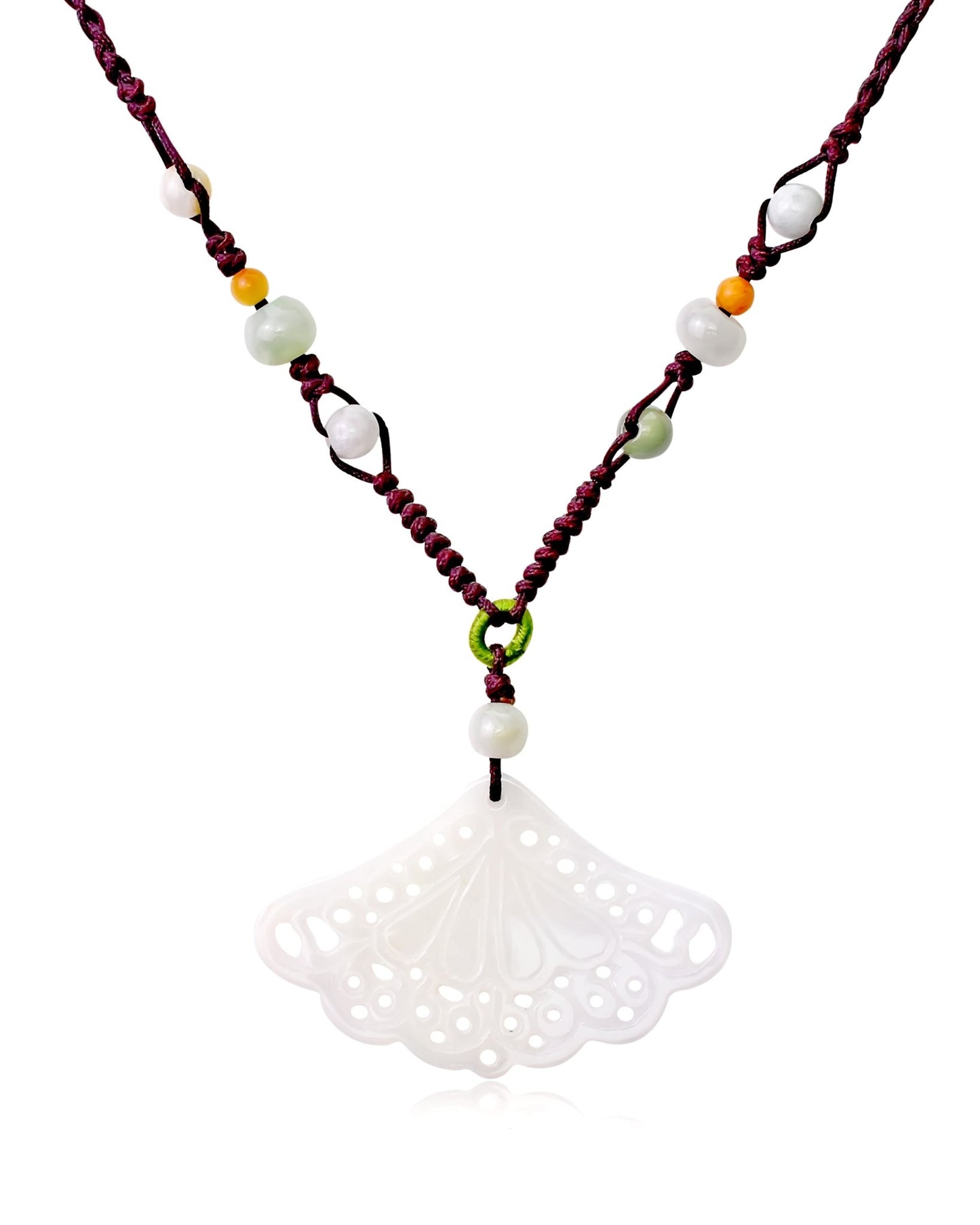 Intricately Carved Fan Jade Necklace with Gemstones and Colorful BeadsNecklacesSerenity Jade