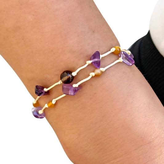 Women Mystical Amethyst Birthstone Bracelet Black Onyx Paired With A Bracelet with Yellow Stone for Inner Peace and Wisdom