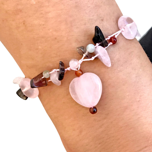 Ladies Rose Quartz Bracelet A Pink Rose Quartz Heart For Women’s Black Onyx Bracelet For Love, Protection, And Success
