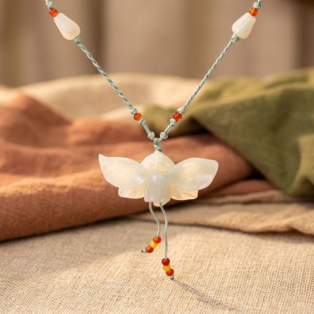 Real Jade Orchid Necklace Hand-Carved January Birth Flower Jewelry