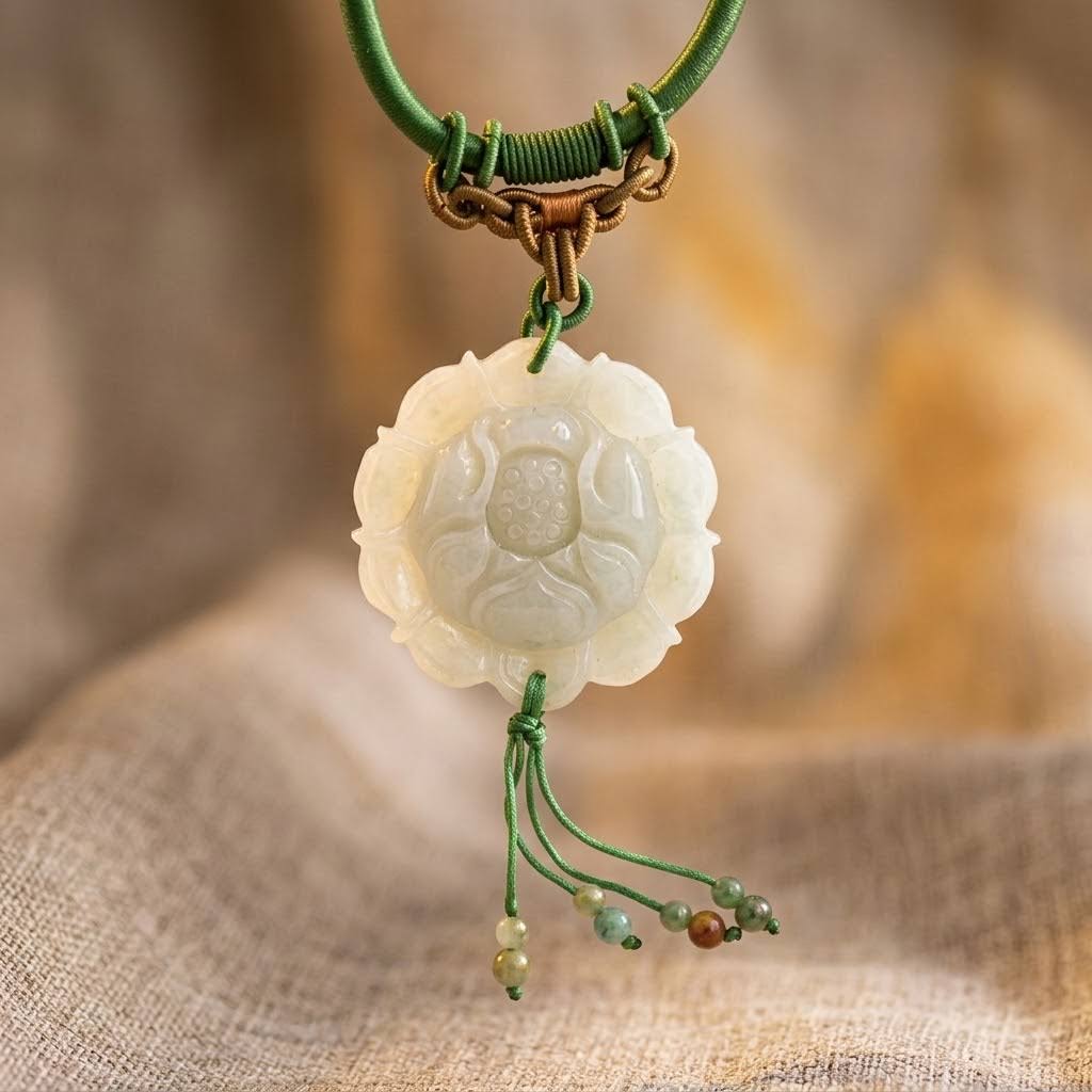 Handcrafted Genuine Green Jade Lotus Pendant Necklace Carved Floral Jade Lotus Flower Jewelry for Women