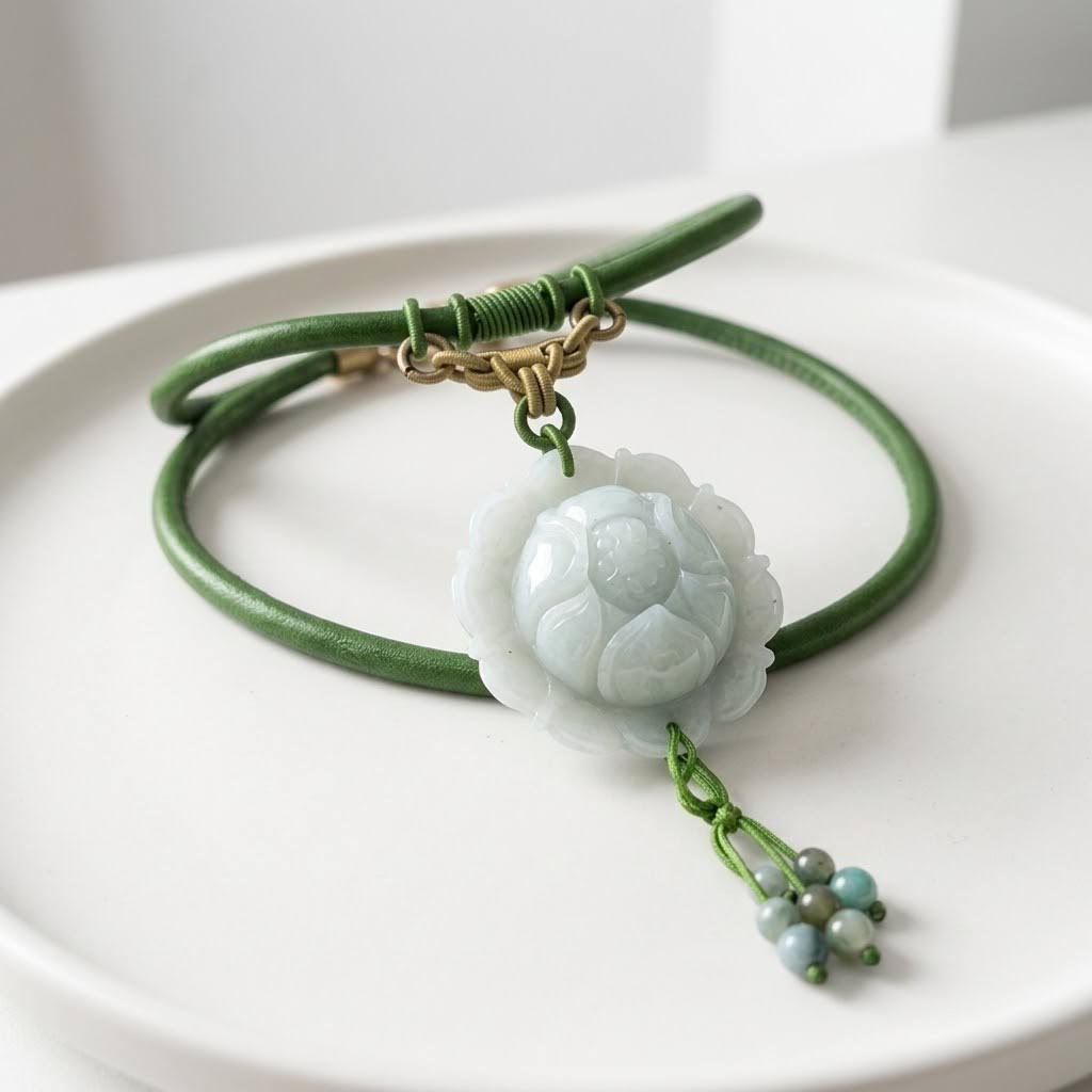 Handcrafted Genuine Green Jade Lotus Pendant Necklace Carved Floral Jade Lotus Flower Jewelry for Women
