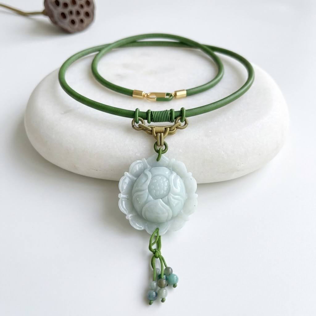 Handcrafted Genuine Green Jade Lotus Pendant Necklace Carved Floral Jade Lotus Flower Jewelry for Women