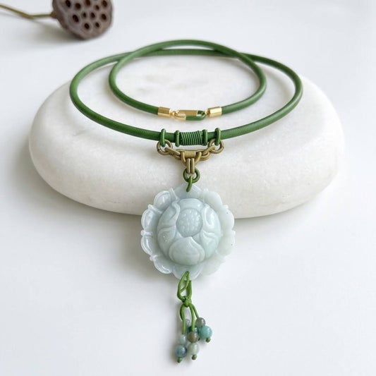 Handcrafted Genuine Green Jade Lotus Pendant Necklace Carved Floral Jade Lotus Flower Jewelry for Women