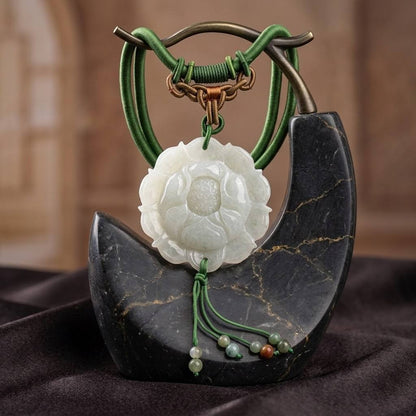 Handcrafted Genuine Green Jade Lotus Pendant Necklace Carved Floral Jade Lotus Flower Jewelry for Women