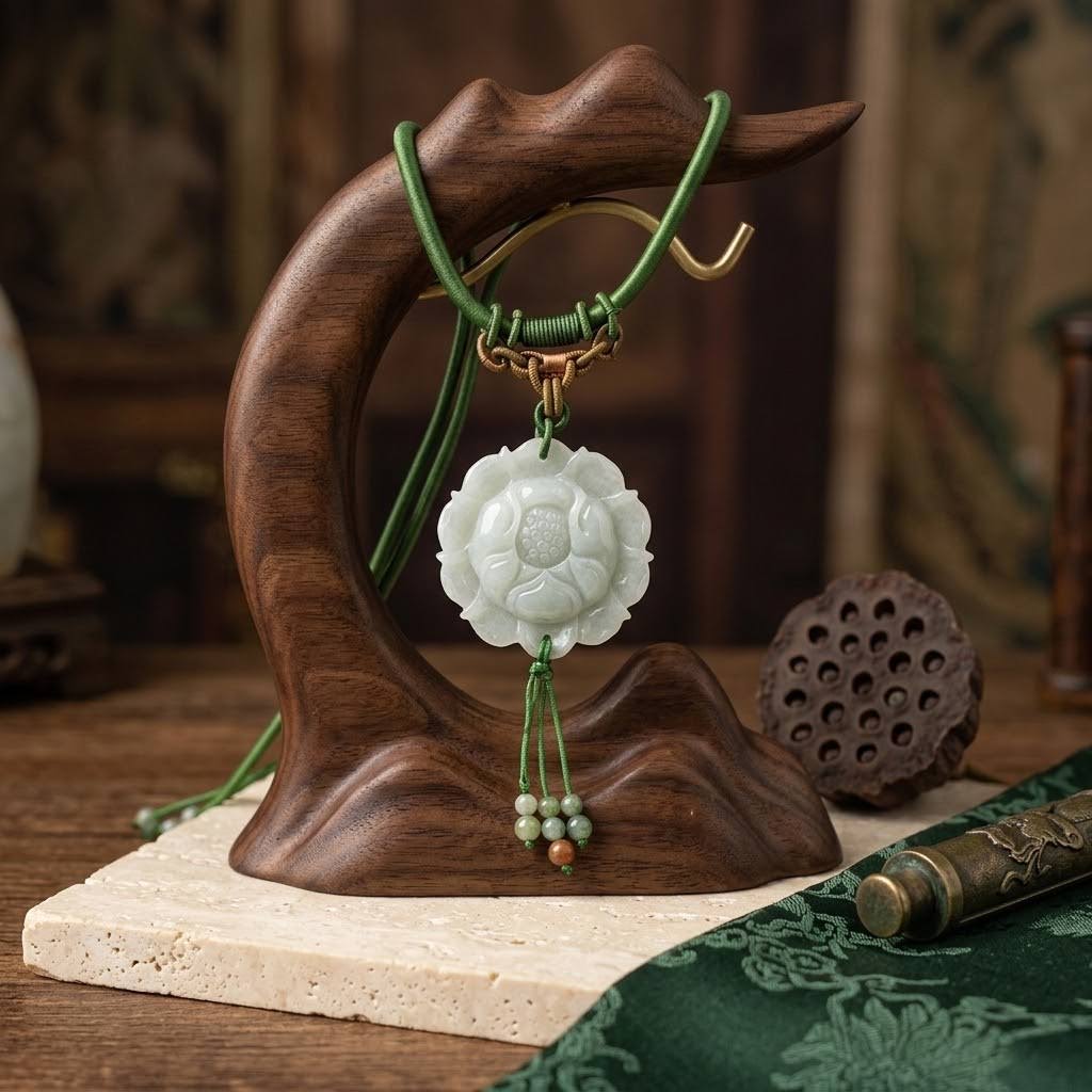 Handcrafted Genuine Green Jade Lotus Pendant Necklace Carved Floral Jade Lotus Flower Jewelry for Women