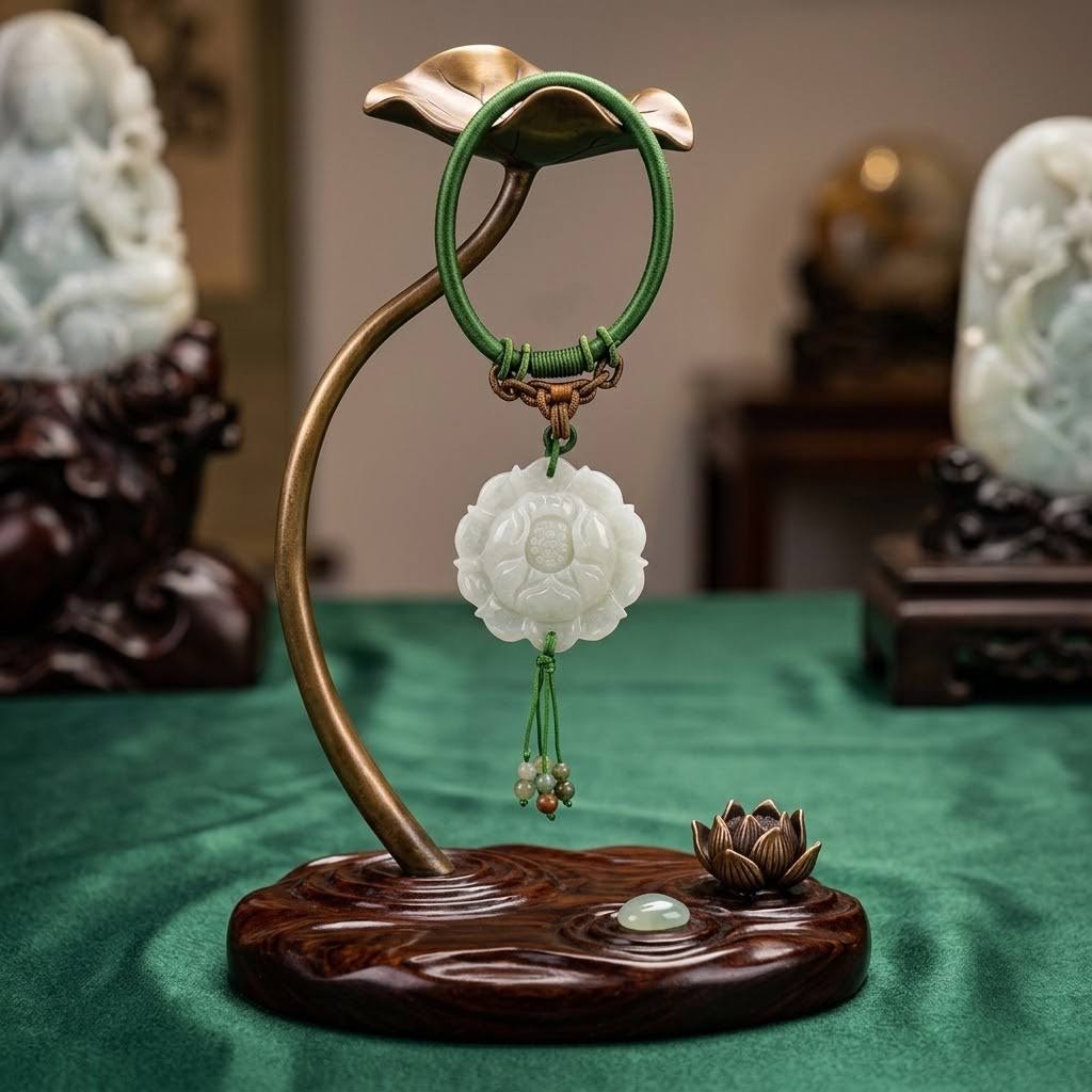 Handcrafted Genuine Green Jade Lotus Pendant Necklace Carved Floral Jade Lotus Flower Jewelry for Women