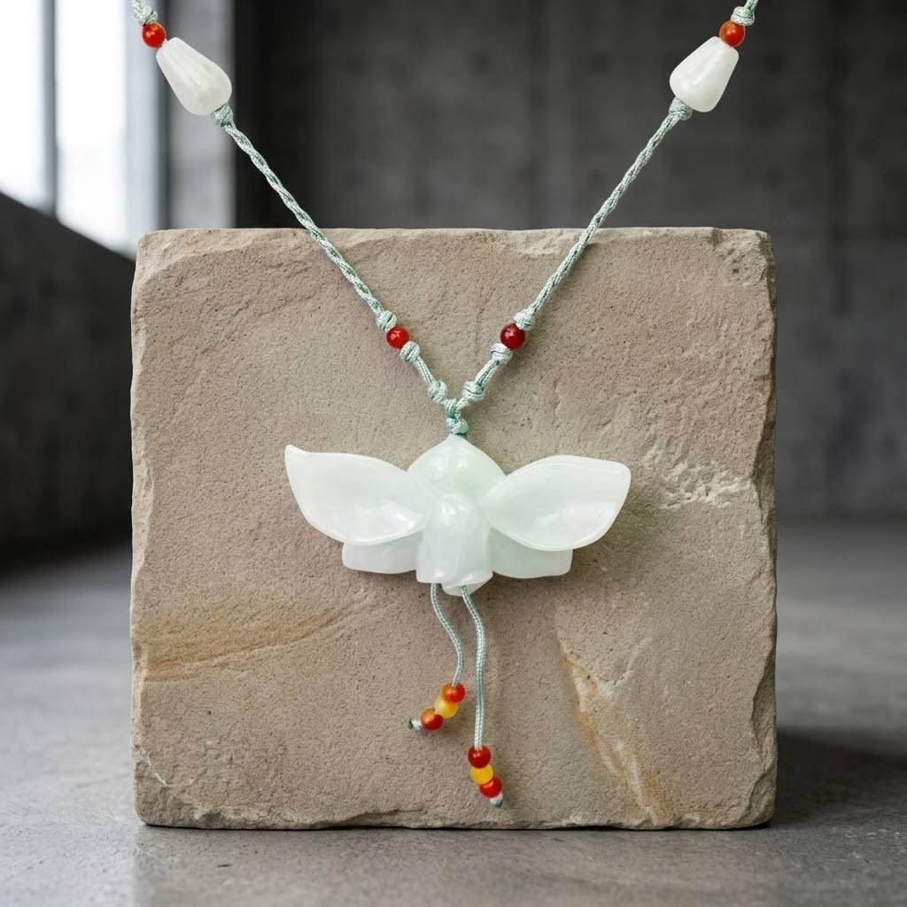 Real Jade Orchid Necklace Hand-Carved January Birth Flower Jewelry
