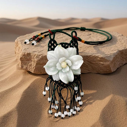 Handcrafted Genuine Grade A Jade Eustoma Flower Necklace Carved Gemstone Floral Pendant Gift for Her