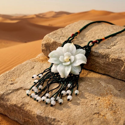 Handcrafted Genuine Grade A Jade Eustoma Flower Necklace Carved Gemstone Floral Pendant Gift for Her