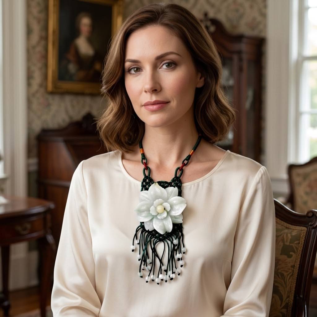 Handcrafted Genuine Grade A Jade Eustoma Flower Necklace Carved Gemstone Floral Pendant Gift for Her