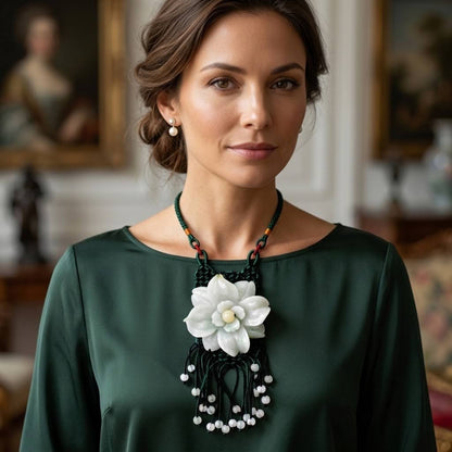 Handcrafted Genuine Grade A Jade Eustoma Flower Necklace Carved Gemstone Floral Pendant Gift for Her