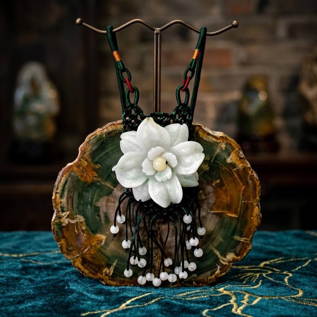 Handcrafted Genuine Grade A Jade Eustoma Flower Necklace Carved Gemstone Floral Pendant Gift for Her