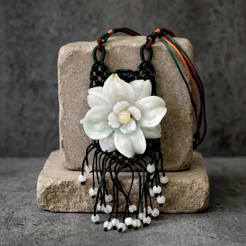 Handcrafted Genuine Grade A Jade Eustoma Flower Necklace Carved Gemstone Floral Pendant Gift for Her