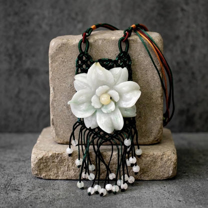 Handcrafted Genuine Grade A Jade Eustoma Flower Necklace Carved Gemstone Floral Pendant Gift for Her