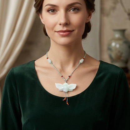 Real Jade Orchid Necklace Hand-Carved January Birth Flower Jewelry
