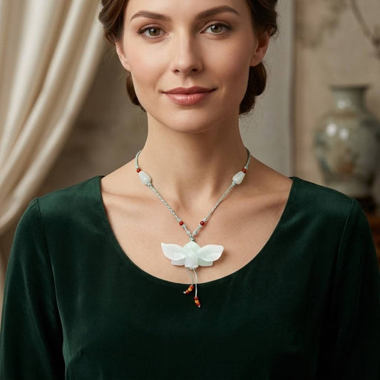 Real Jade Orchid Necklace Hand-Carved January Birth Flower Jewelry