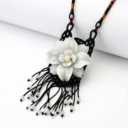 Handcrafted Genuine Grade A Jade Eustoma Flower Necklace Carved Gemstone Floral Pendant Gift for Her