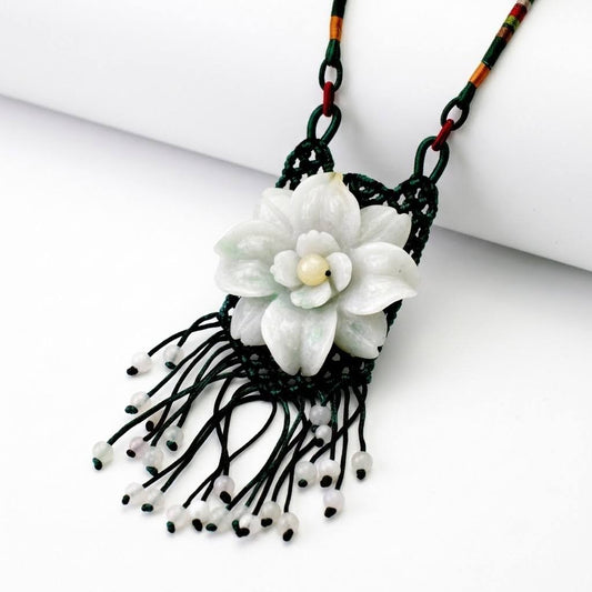 Handcrafted Genuine Grade A Jade Eustoma Flower Necklace Carved Gemstone Floral Pendant Gift for Her