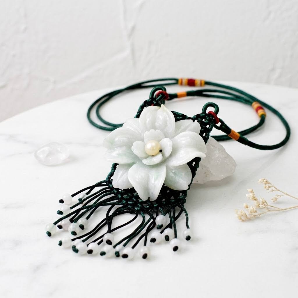 Handcrafted Genuine Grade A Jade Eustoma Flower Necklace Carved Gemstone Floral Pendant Gift for Her
