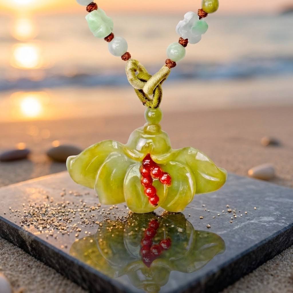 Handcrafted Genuine Jade Fairy Fan Flower Pendant Necklace a Floral Jewelry Birthday Gift for Her