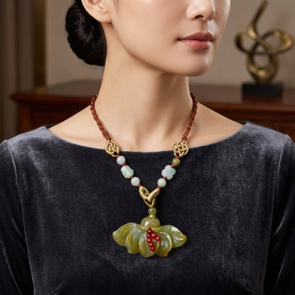 Handcrafted Genuine Jade Fairy Fan Flower Pendant Necklace a Floral Jewelry Birthday Gift for Her