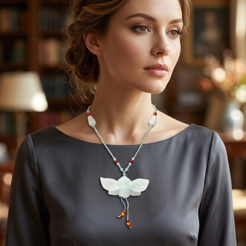 Real Jade Orchid Necklace Hand-Carved January Birth Flower Jewelry