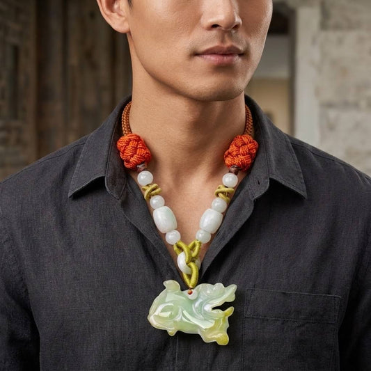 Men’s Hand-Carved Genuine Nephrite Jade Lion Pendant Necklace a Courage & Strength Amulet