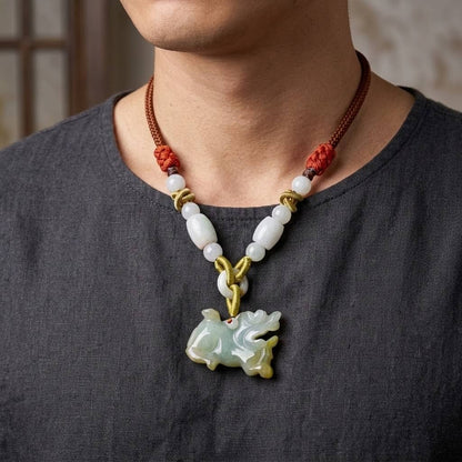 Men’s Hand-Carved Genuine Nephrite Jade Lion Pendant Necklace a Courage & Strength Amulet
