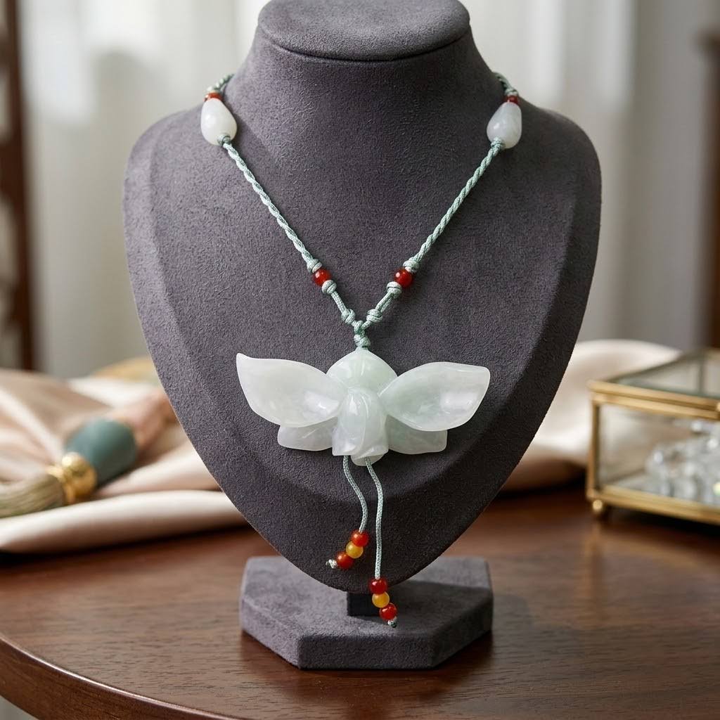 Real Jade Orchid Necklace Hand-Carved January Birth Flower Jewelry