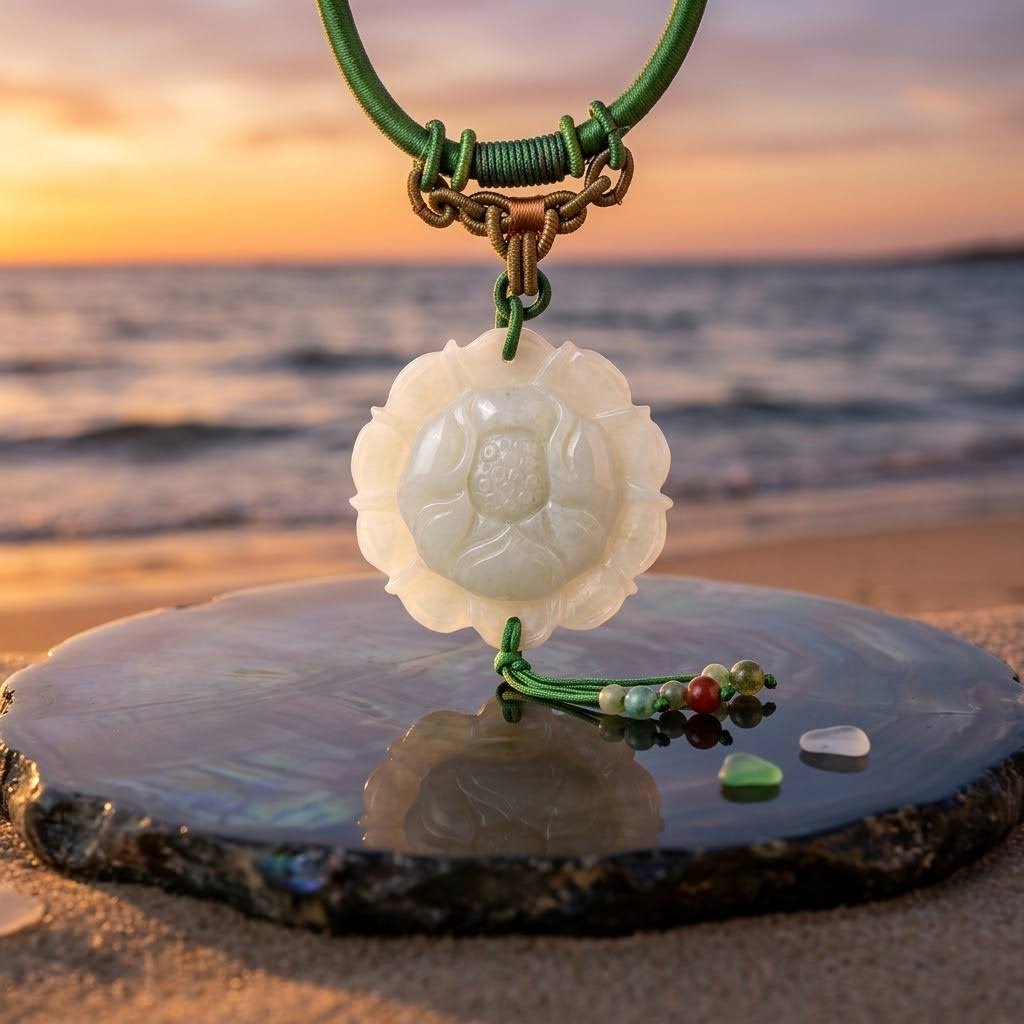 Handcrafted Genuine Green Jade Lotus Pendant Necklace Carved Floral Jade Lotus Flower Jewelry for Women