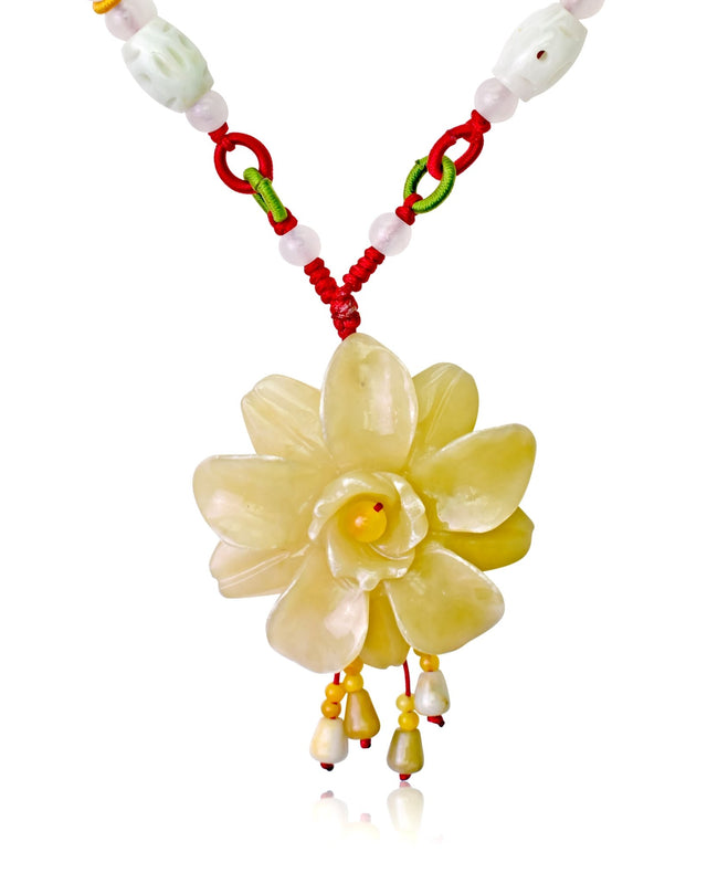 Beautiful camellia flower yellow jade necklace for women