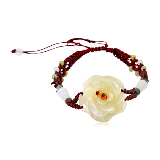 Intricate and Stunning Rose Adornment Handmade Jade Bracelet with Brown Cord