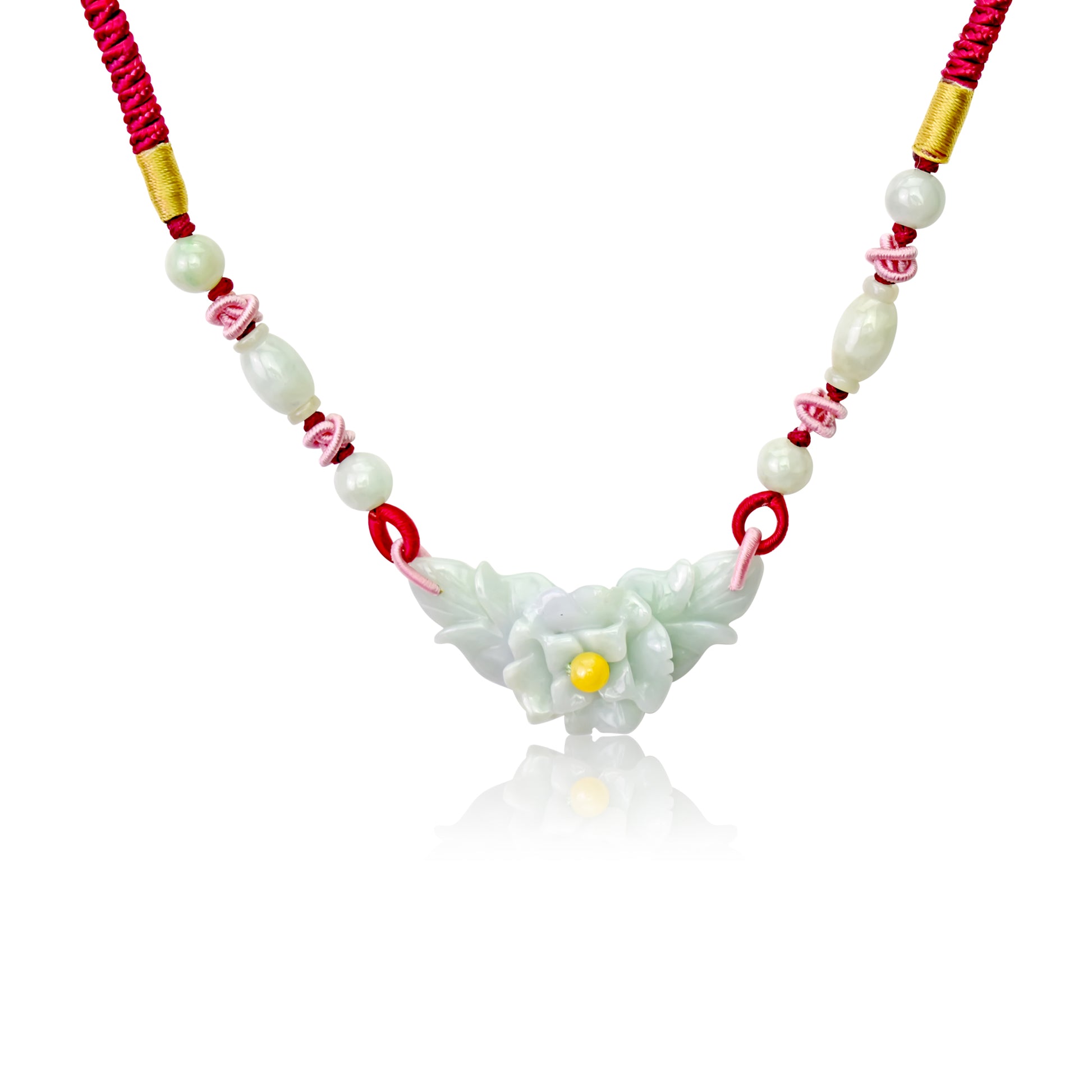 Discover Your True Beauty with a Fortune Flower Handmade Jade Necklace with Maroon Cord