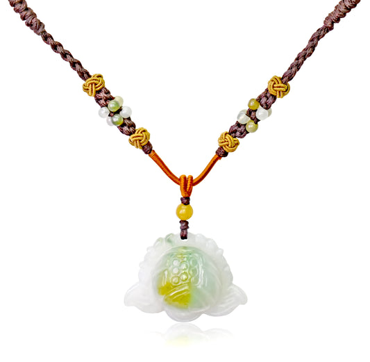 Feel the Grace of a Lotus Flower Handmade Honey Jade Necklace Pendant made with Brown Cord